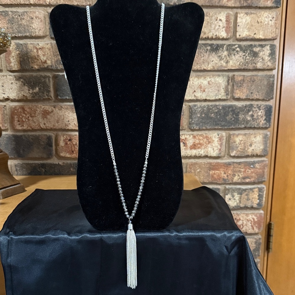Silver tone chain and AB tassel Modern Necklace